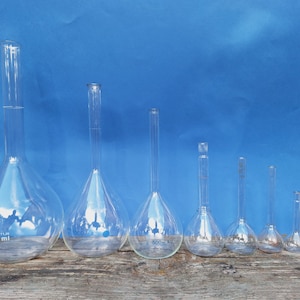 Set of 8 chemistry laboratory long neck flasks vintage lab tools