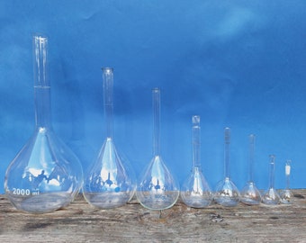 Set of 8 chemistry laboratory long neck flasks vintage lab tools