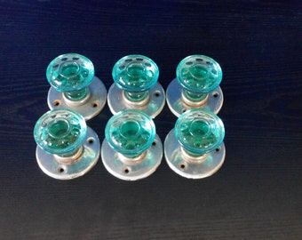Vintage Green Glass door knobs Set of 6 door handles Glass knobs Made in USSR