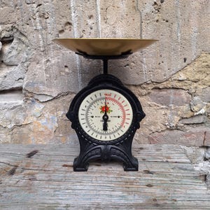 May include: A black cast iron mechanical kitchen scale with a round brass-colored weighing pan on top. The circular white dial features black numerical markings, a red floral graphic in the center, and a single black needle pointing to zero.