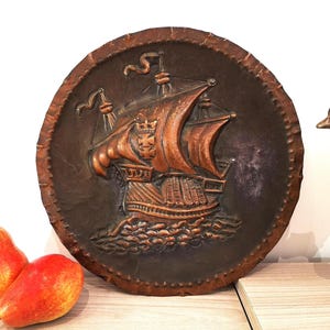 Sailing Boat Vintage Hammered Copper Wall Art  Embossed Picture Sailing Ship