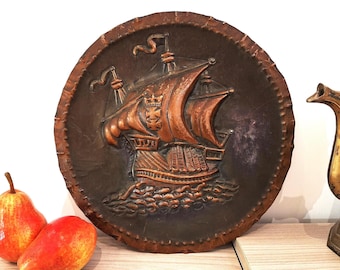 Sailing Boat Vintage Hammered Copper Wall Art  Embossed Picture Sailing Ship
