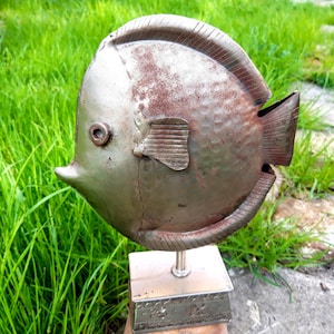Vintage beeldje Vis roestig ijzeren tuin kunst metalen kunstwerk vis strandhuis decor