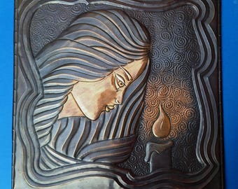 Vintage Hand Hammered Copper Wall Art: Praying Woman, USSR 1970