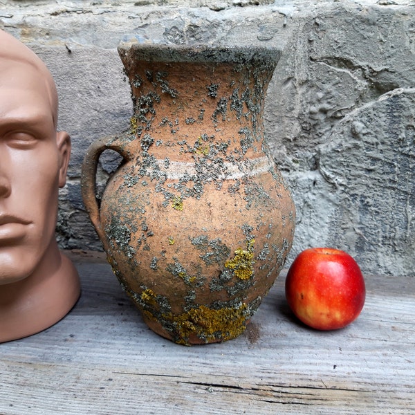 Antique Clay Milk Jar overgrown with lichen vessel