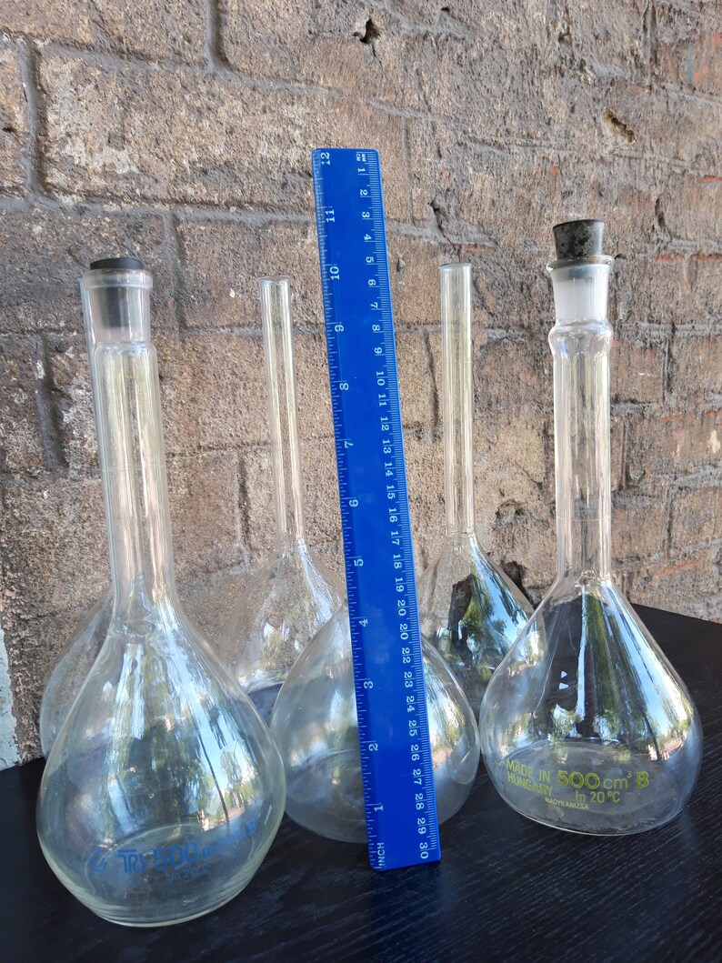 Set of 6 vintage lab glass flasks bottles Chemistry Glassware Etsy