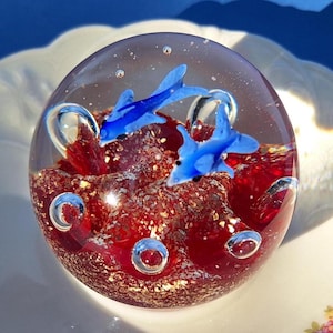 Vintage glass paperweight  WATER WORLD dolphins Collectible Art Glass