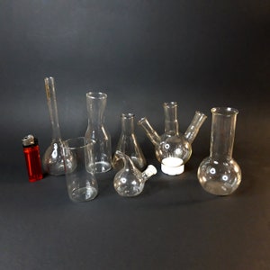 Set of 7 small chemistry laboratory flasks vintage lab tools