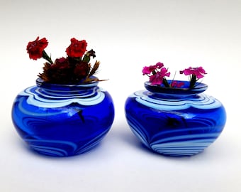 Set of 2 cobalt blue and white mini vases paperweight