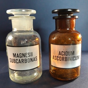 Set di 2 bottiglie da farmacia vintage, vetreria per laboratorio di chimica