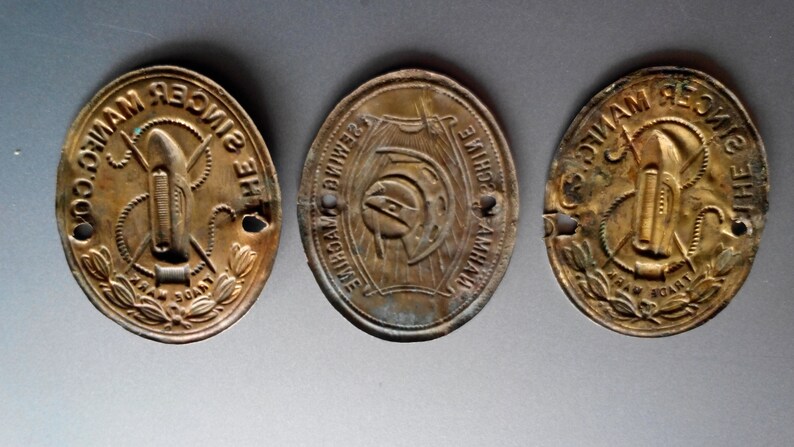 Set of 3 Vintage Sewing Machine brass nameplate label