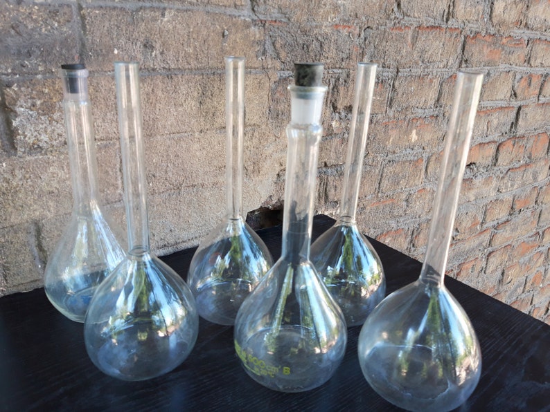 Set of 6 vintage lab glass flasks bottles Chemistry Glassware Etsy