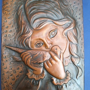 Girl with a bird Vintage  Hand Hammered Copper picture