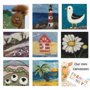 May include: Nine small, framed, needle-felted artwork pieces. The pieces feature a variety of subjects including a lighthouse, a seagull, a daisy, a sheep, a palm tree, a beach hut, a landscape with sheep, and a llama. The text "Our mini canvases Frankie & Sidney" is visible in the bottom right corner.