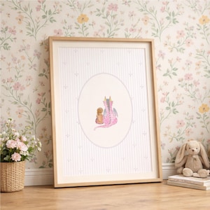 Girl Dragon Wall Print • Baby Nursery Decor • Kids Room Art • Watercolour Dragon Illustration