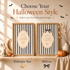 May include: Two framed vertical prints with dark blue and white vertical stripes, featuring an oval centre with the text A LITTLE MAGIC & midnight margaritas. One print shows a cocktail glass, the other a black ribbon bow and crescent moon.
