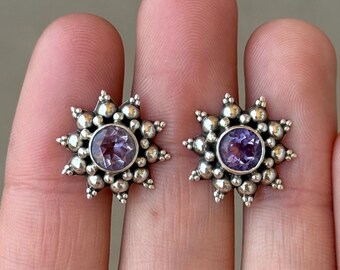 Sterling Silver 925 Handmade Amethyst Sunburst Stud Earrings - Pre-Owned (3.5g)