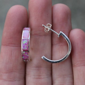 Pre-Owned Sterling Silver 925 Pink Lab Opal Half Hoop Stud Earrings 4g