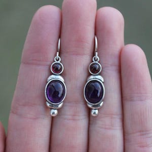 Pre-Owned Sterling Silver 925 Amethyst & Garnet Dangle Earrings 4.6g