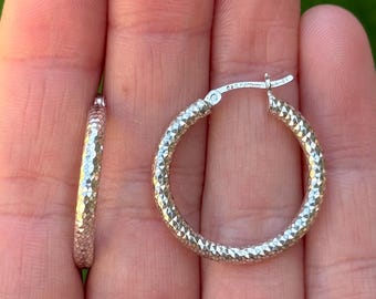 Sterling Silver 925 Mexican Hollow Textured Hoop Earrings - Pre-Owned (3.6g)