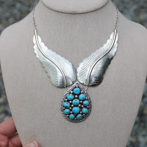 Pre-Owned Sterling Silver 18&quot; Vintage Navajo Turquoise Cluster Feather Necklace 37g