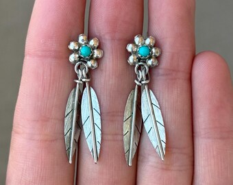 Sterling Silver 925 Navajo Handmade Turquoise Feather Dangle Stud Earrings - Pre-Owned (3.6g)