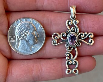Sterling Silver 925 Filigree Scroll Amethyst Cross Pendant - Pre-Owned (6.4g)