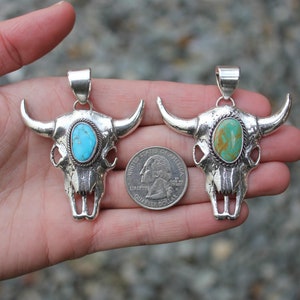 Handmade Sterling Silver Sandcast Blue Gem & Royston Turquoise Bison Skull Pendants
