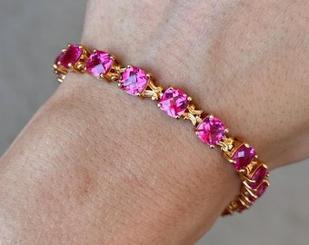 Sterling Silver 925 7" Elegant Gold Tone Pink Sapphire Bracelet - Pre-Owned (15.9g)