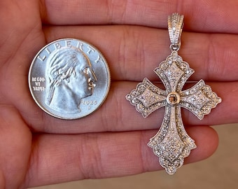 Sterling Silver 925 Champagne and Clear Diamond Cross Enhancer Pendant - Pre-Owned (5.7g)