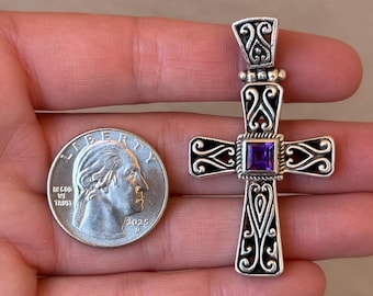Sterling Silver 925 Filigree Balinese Style Amethyst Cross Pendant - Pre-Owned (11.6g)