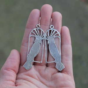 Pre-Owned Sterling Silver 925 Cockatoo Parrot Bird Dangle Drop Earrings 11g