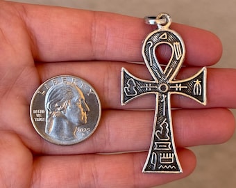 Sterling Silver 925 Egyptian Ankh Hieroglyphics Pendant - Pre-Owned (8.3g)