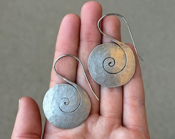 Sterling Silver 925 Handmade Heavy Hammered Spiral Dangle Earrings - Pre-Owned (24g)