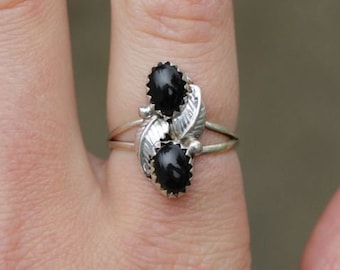 Navajo Handmade Sterling Silver 925 Long Oval Black Onyx