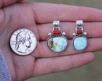 Sterling Silver & 14k Gold Pilot Mountain Turquoise and Coral pendants