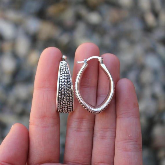 Sterling Silver 925 Chunky Puffy Dotted Elongated Hoops - Pre-Owned (6g)
