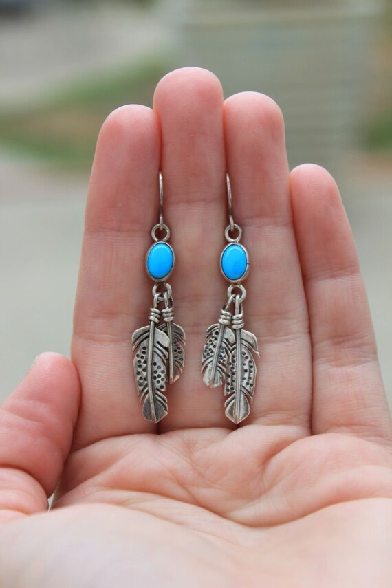 Pre-Owned Sterling Silver Turquoise Feather Dangl… - image 1