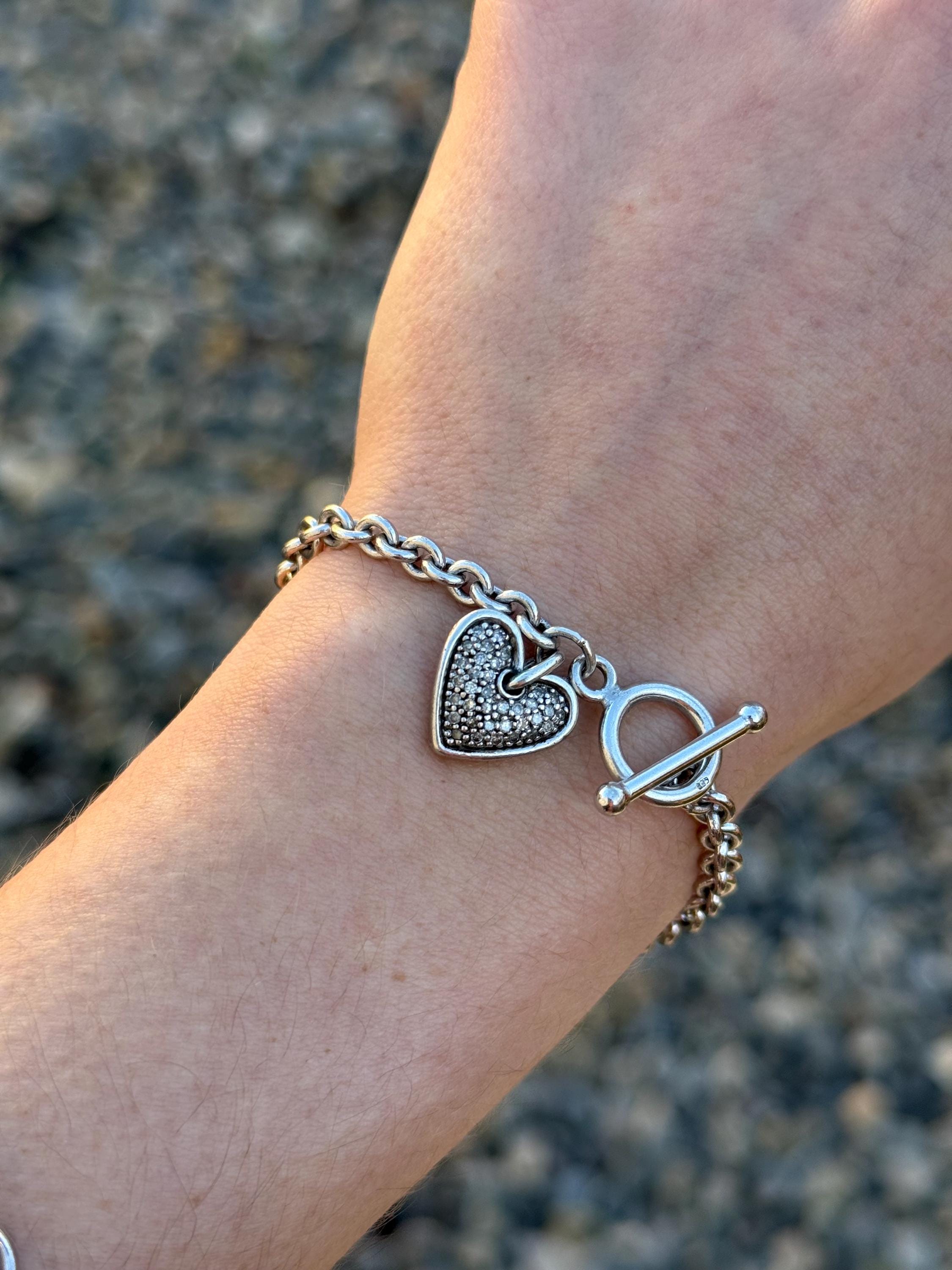 Sterling Silver 925 6.75” Pavé Diamond Heart Toggle Bracelet - Pre 