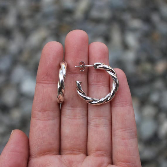 Sterling Silver 925 Chunky Twisted Hollow Hoop Stud Earrings - Pre-Owned (4.4g)