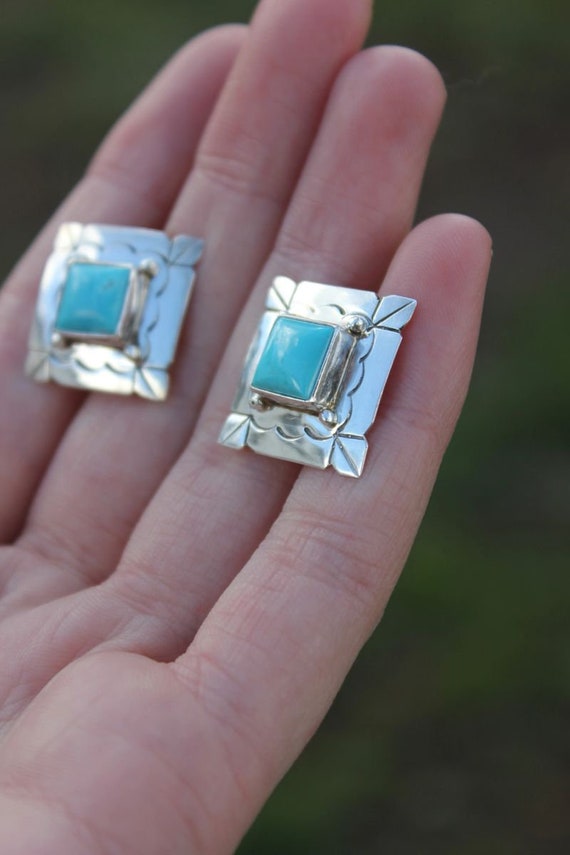Pre-Owned Sterling Silver Turquoise Square Studs - image 2