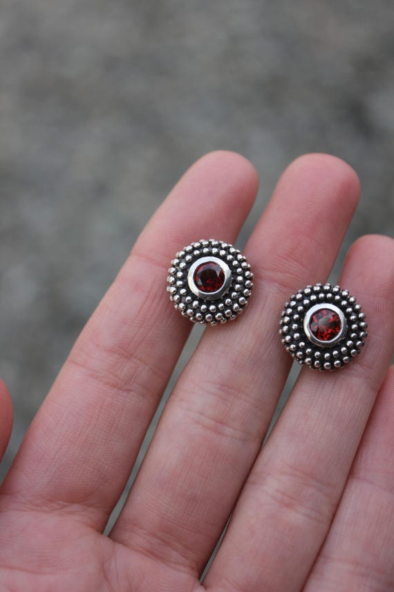 Sterling Silver 925 Garnet Statement Stud Earring… - image 3