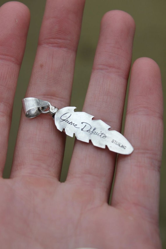 Sterling Silver 925 Navajo June Delgarito Lab Opal Feather Pendant