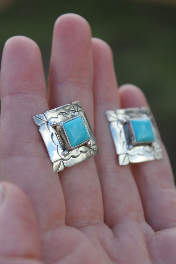 Pre-Owned Sterling Silver Turquoise Square Studs - image 3