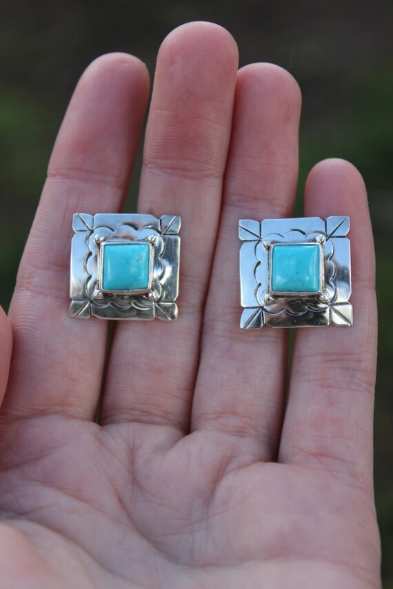 Pre-Owned Sterling Silver Turquoise Square Studs - image 1