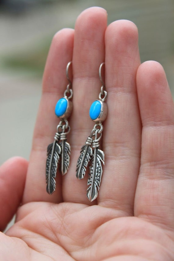 Pre-Owned Sterling Silver Turquoise Feather Dangl… - image 3