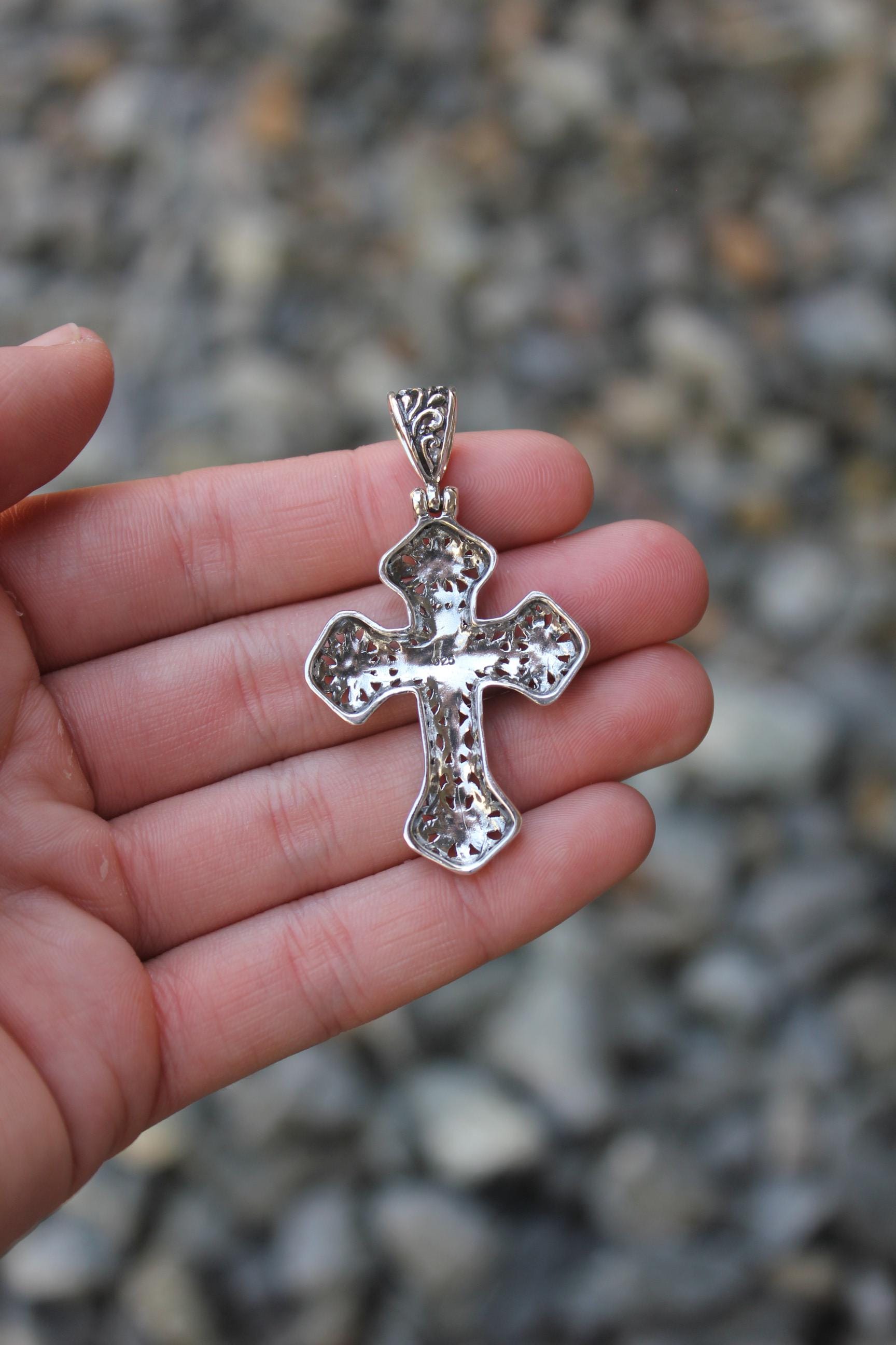 Sterling Silver 925 Openwork Ornate Filigree Scroll Cross Pendant