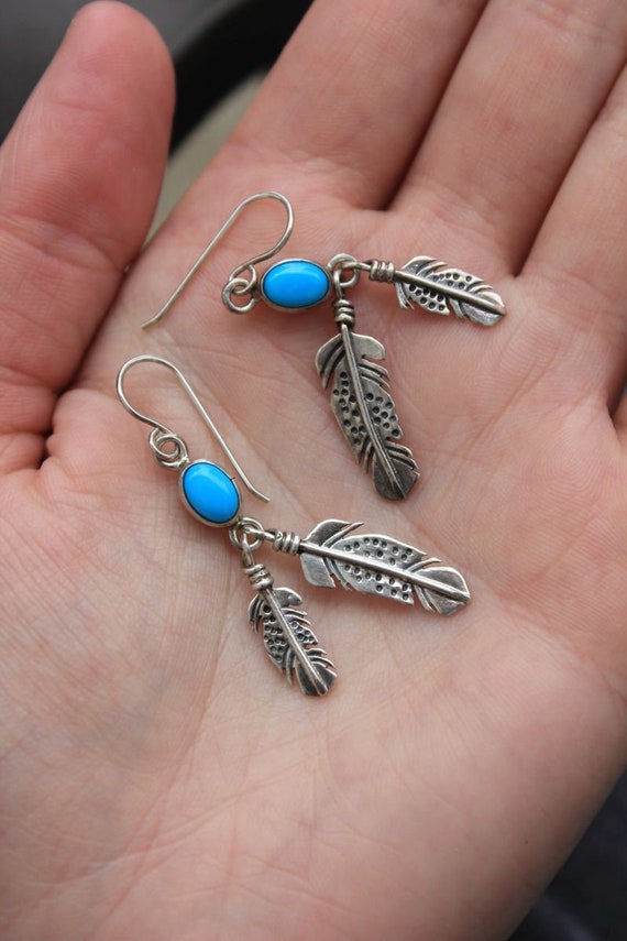 Pre-Owned Sterling Silver Turquoise Feather Dangl… - image 4