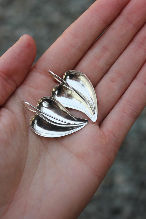Pre-owned Sterling Silver 925 Thin Leaf Dangle Drop Earrings