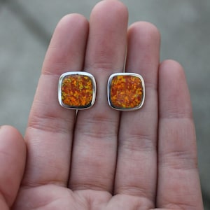 Pre-Owned Sterling Silver Orange Lab Opal Studs